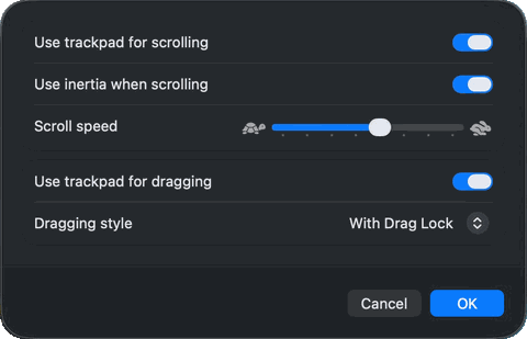 The Trackpad Options panel in System Settings, Accessibility, Pointer Control, showing Use trackpad for dragging switched on and Dragging style set to With Drag Lock.